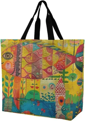 Grocery Bag Reusable Tote Bag Foldable Fish And Umbrella Shopping Bag Handbag Washable Shoulder Bag for Travel