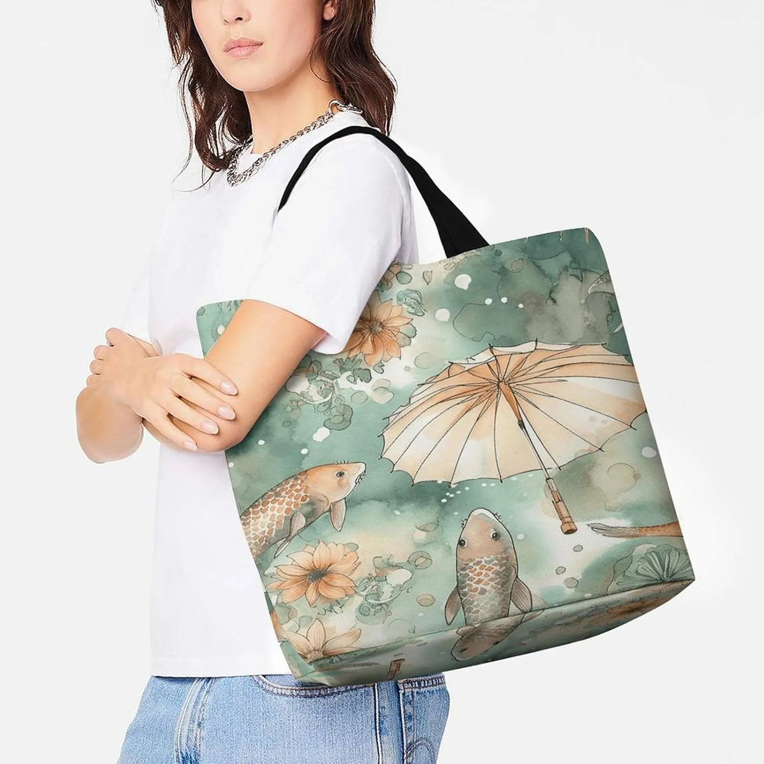 Grocery Bag Reusable Tote Bag Foldable Fish And Umbrella Shopping Bag Handbag Washable Shoulder Bag for Travel