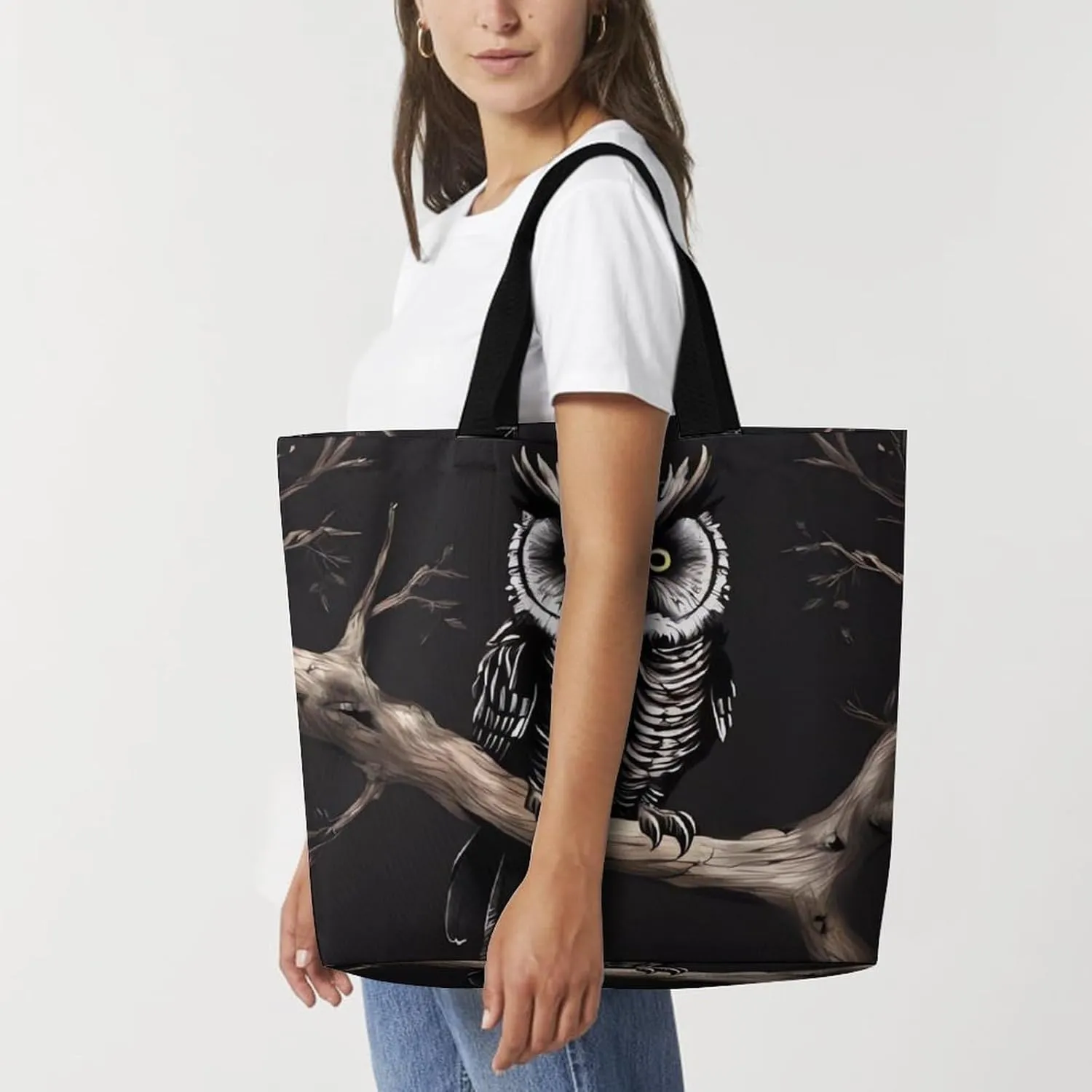 Grocery Bag Reusable Tote Bag Foldable Owls On A Branch Shopping Bag Handbag Washable Shoulder Bag for Travel