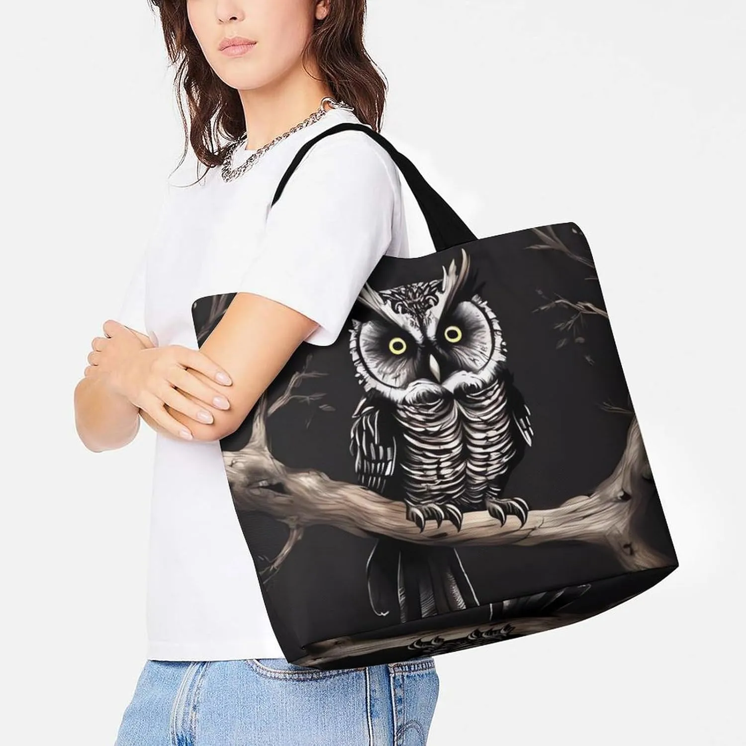 Grocery Bag Reusable Tote Bag Foldable Owls On A Branch Shopping Bag Handbag Washable Shoulder Bag for Travel