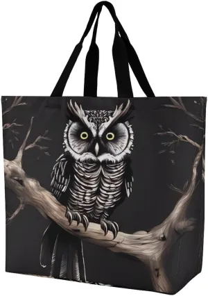 Grocery Bag Reusable Tote Bag Foldable Owls On A Branch Shopping Bag Handbag Washable Shoulder Bag for Travel