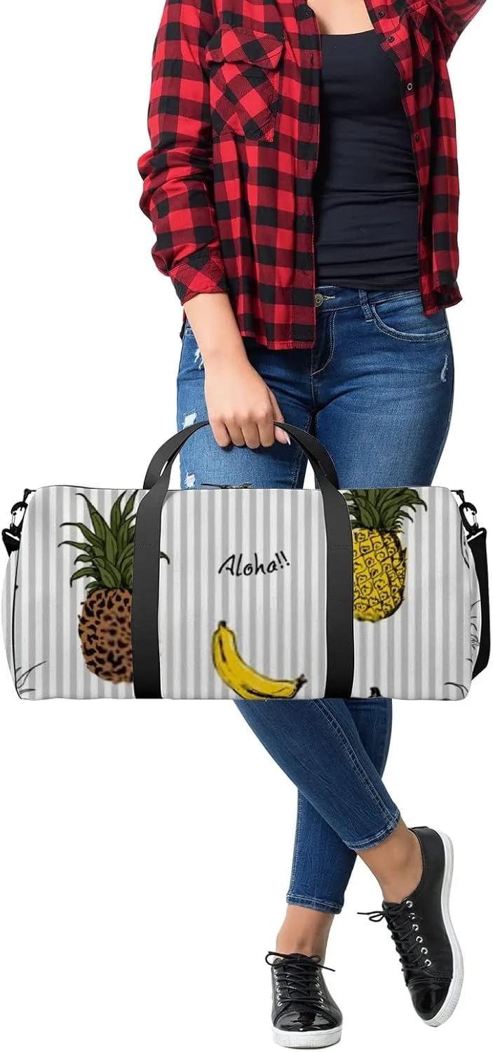 Gym Bag Sports Travel Bag Handdraw Pineapple Banana Leopard Print Weekender Bags with 2 Side Pocket Lightweight Waterproof Polyester Tote Bag for Swimming Yoga Women Men 9x17.6inch