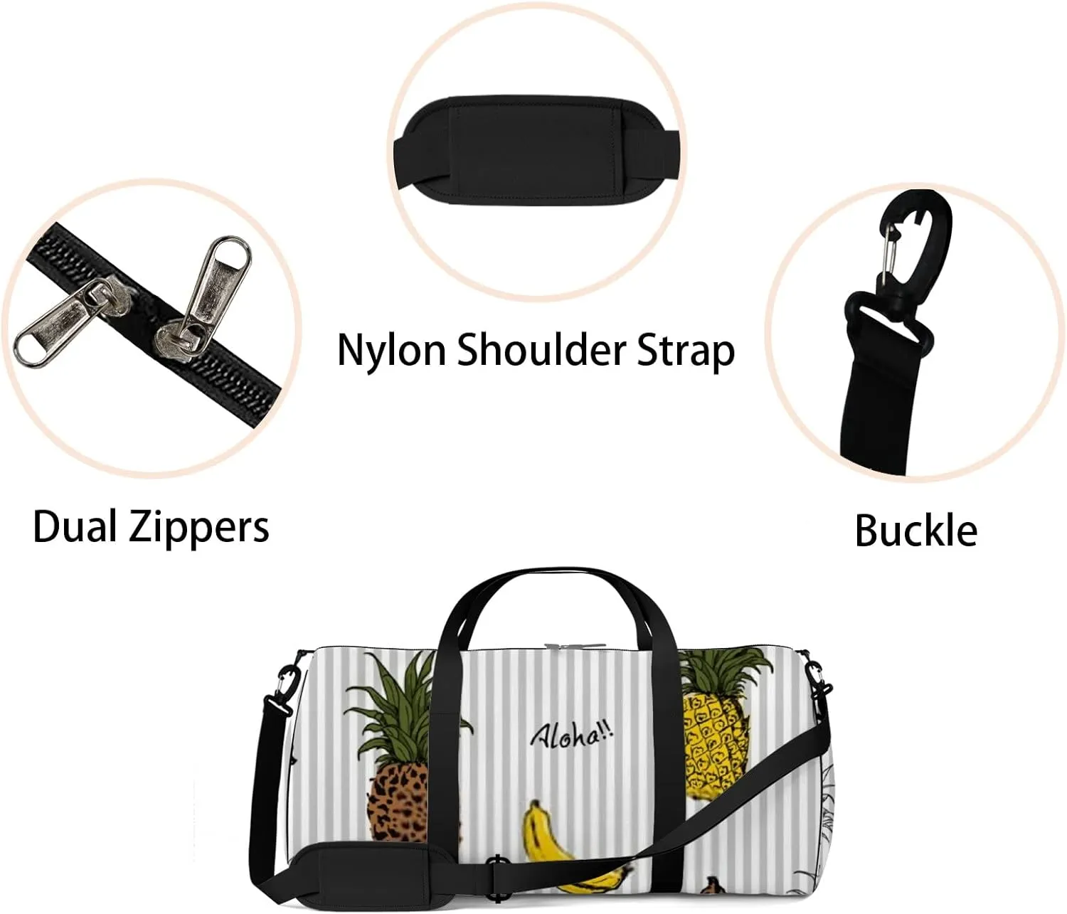 Gym Bag Sports Travel Bag Handdraw Pineapple Banana Leopard Print Weekender Bags with 2 Side Pocket Lightweight Waterproof Polyester Tote Bag for Swimming Yoga Women Men 9x17.6inch