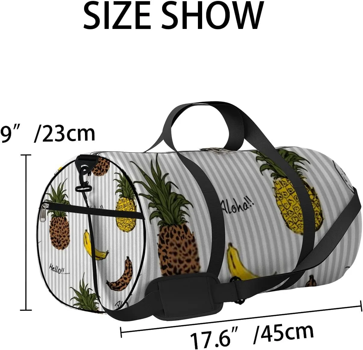 Gym Bag Sports Travel Bag Handdraw Pineapple Banana Leopard Print Weekender Bags with 2 Side Pocket Lightweight Waterproof Polyester Tote Bag for Swimming Yoga Women Men 9x17.6inch