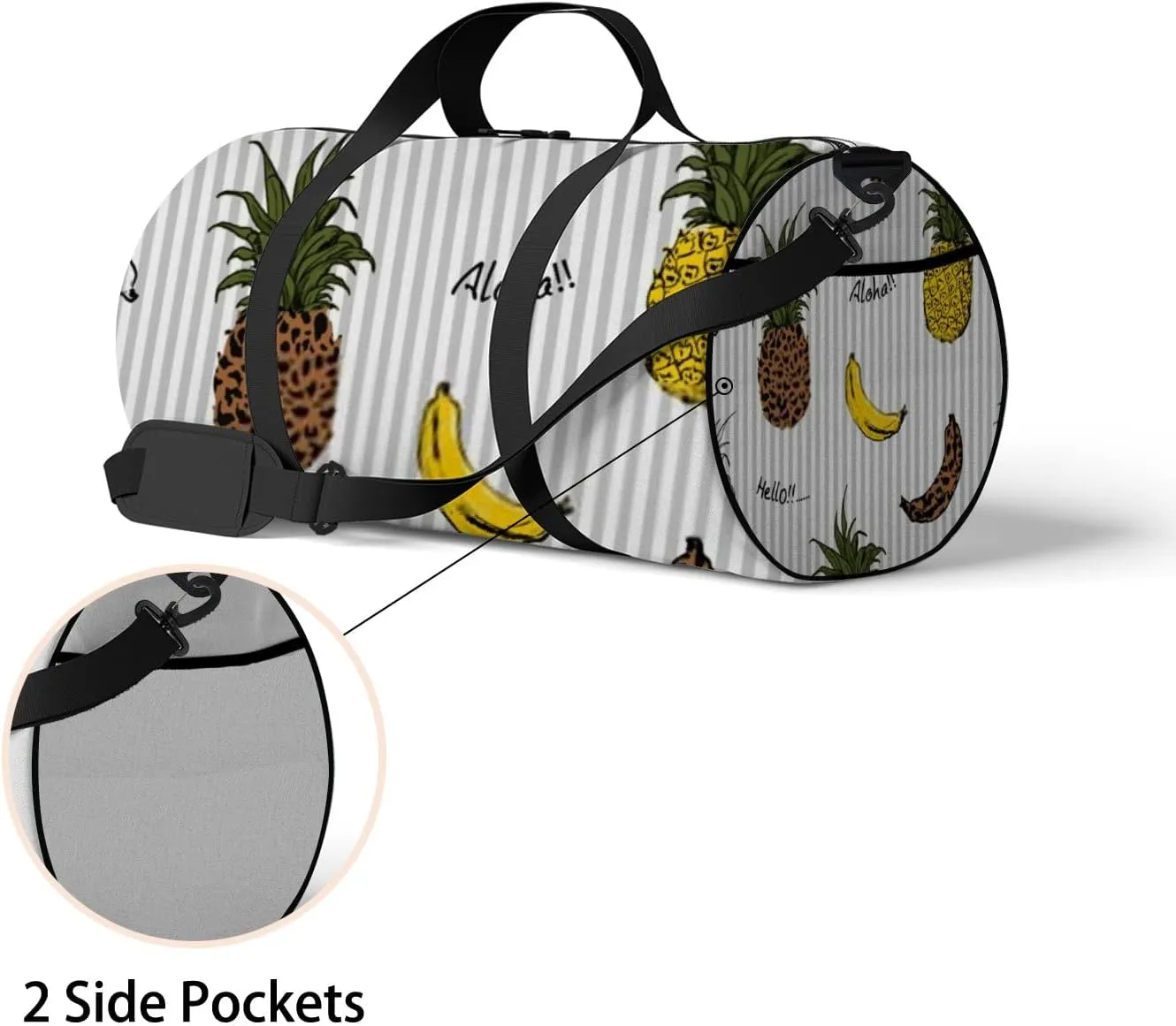 Gym Bag Sports Travel Bag Handdraw Pineapple Banana Leopard Print Weekender Bags with 2 Side Pocket Lightweight Waterproof Polyester Tote Bag for Swimming Yoga Women Men 9x17.6inch