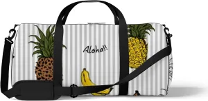 Gym Bag Sports Travel Bag Handdraw Pineapple Banana Leopard Print Weekender Bags with 2 Side Pocket Lightweight Waterproof Polyester Tote Bag for Swimming Yoga Women Men 9x17.6inch