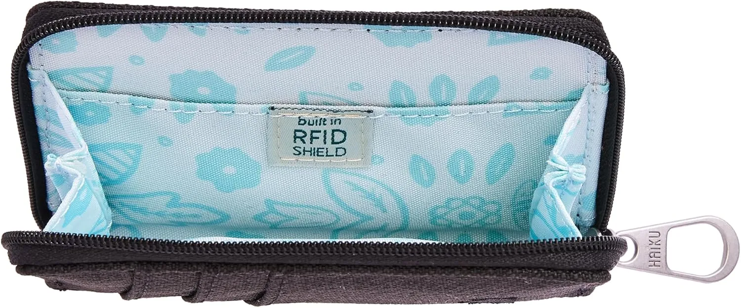 HAIKU Sprout Wallet, Lightweight Small Wristlet Wallet with Zippered Pouch, RFID Pockets, and Removeable Wrist Strap, Black in Bloom