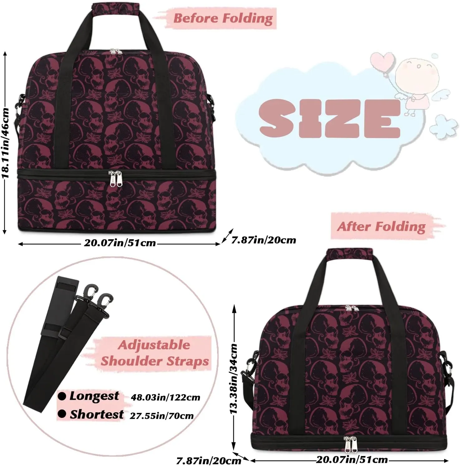 Halloween Spooky Skull Foldable Travel Duffel Bag Tote Carry On Luggage Sports Gym Bag With Shoe Compartment For Woman Man Overnight Weekend Yoga Workout Bag Training Handbag
