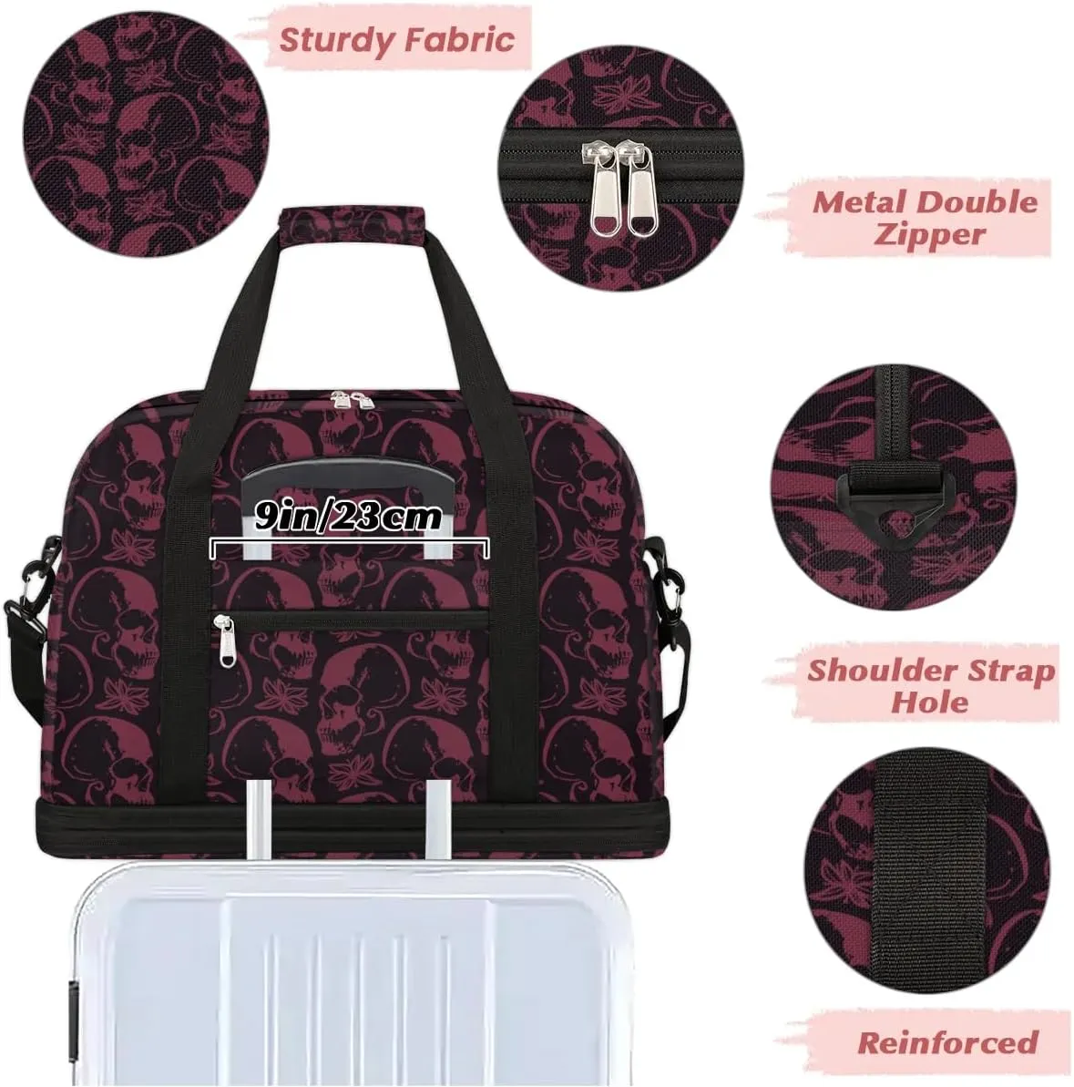 Halloween Spooky Skull Foldable Travel Duffel Bag Tote Carry On Luggage Sports Gym Bag With Shoe Compartment For Woman Man Overnight Weekend Yoga Workout Bag Training Handbag