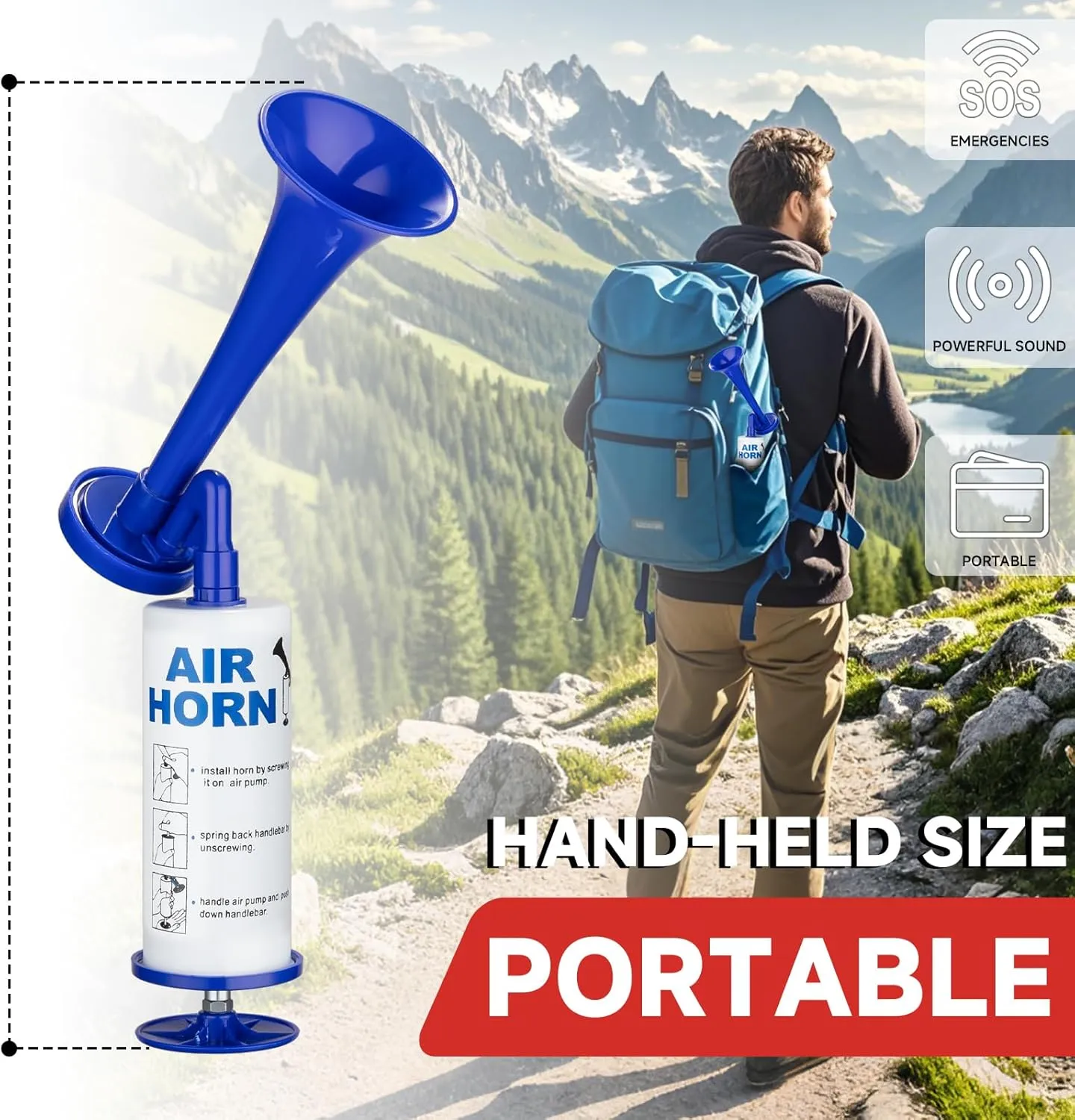 Handheld Air Horn Aluminum Loud Noisemakers Safety Horns for Boats Sports Events Hand Held Air Pump Trumpet Loud Party Noise Maker Cheer-leading Fans