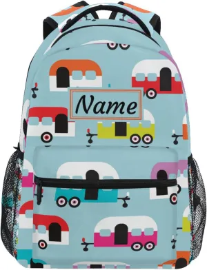 Happy Camper Caravan Custom School Backpack for Boys Girls, Personalized Name Elementary School Bookbag Travel Bag Daypack