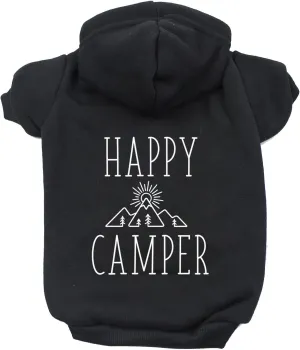 Happy Camper Pullover Fleece Lined Dog Hoodie with Leash Hole (Black Hooded Sweatshirt)