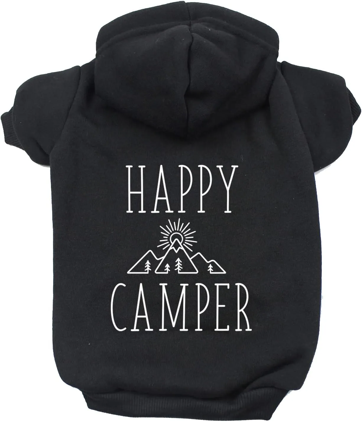 Happy Camper Pullover Fleece Lined Dog Hoodie with Leash Hole (Black Hooded Sweatshirt)