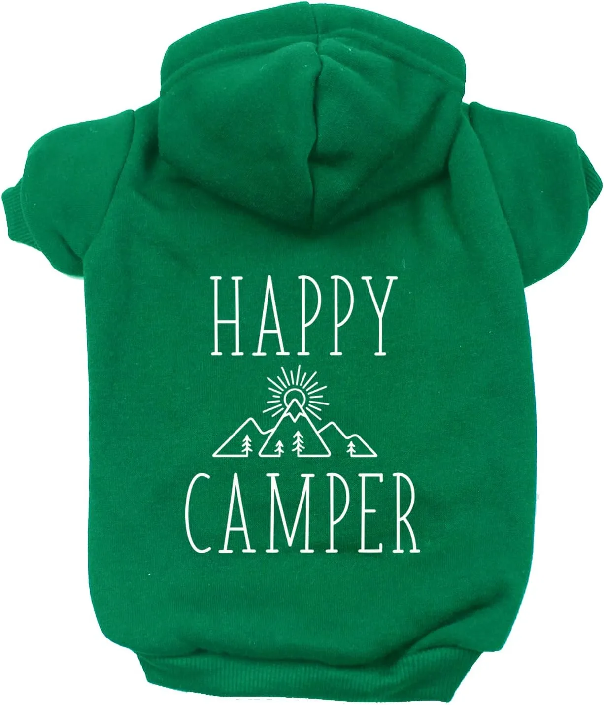 Happy Camper Pullover Fleece Lined Dog Hoodie with Leash Hole (Green Hooded Sweatshirt)
