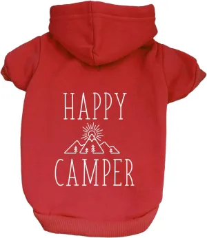 Happy Camper Pullover Fleece Lined Dog Hoodie with Leash Hole (Red Hooded Sweatshirt)
