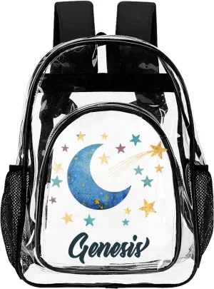 Hateno Personalized Clear School Backpack for Girls, Custom Moon Pattern Backpacks with Name, TPU Waterproof Transparent Backpack Suitable for Kids Boys, Best Back to School Gifts