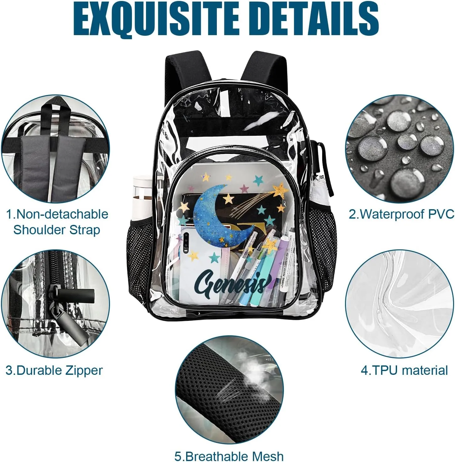 Hateno Personalized Clear School Backpack for Girls, Custom Moon Pattern Backpacks with Name, TPU Waterproof Transparent Backpack Suitable for Kids Boys, Best Back to School Gifts
