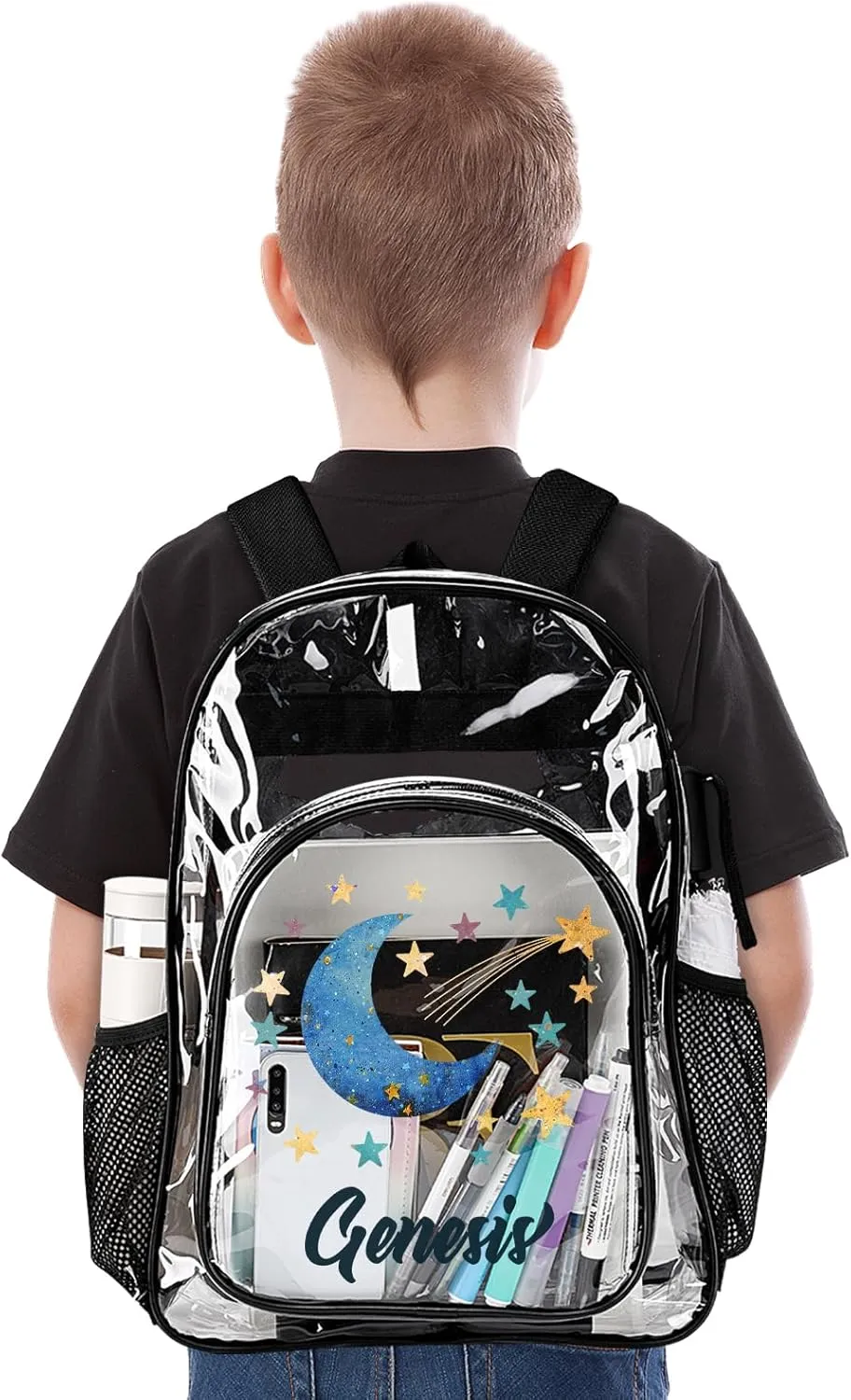 Hateno Personalized Clear School Backpack for Girls, Custom Moon Pattern Backpacks with Name, TPU Waterproof Transparent Backpack Suitable for Kids Boys, Best Back to School Gifts