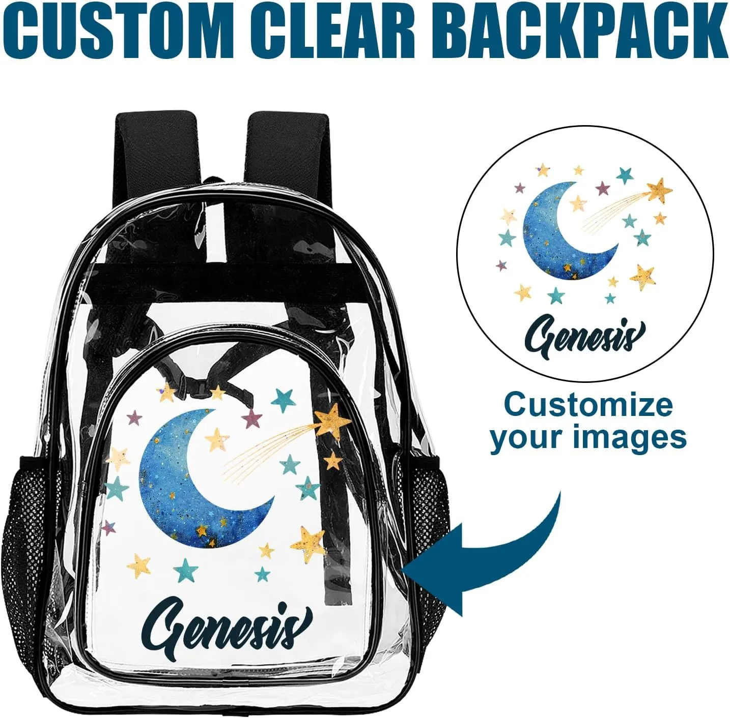 Hateno Personalized Clear School Backpack for Girls, Custom Moon Pattern Backpacks with Name, TPU Waterproof Transparent Backpack Suitable for Kids Boys, Best Back to School Gifts