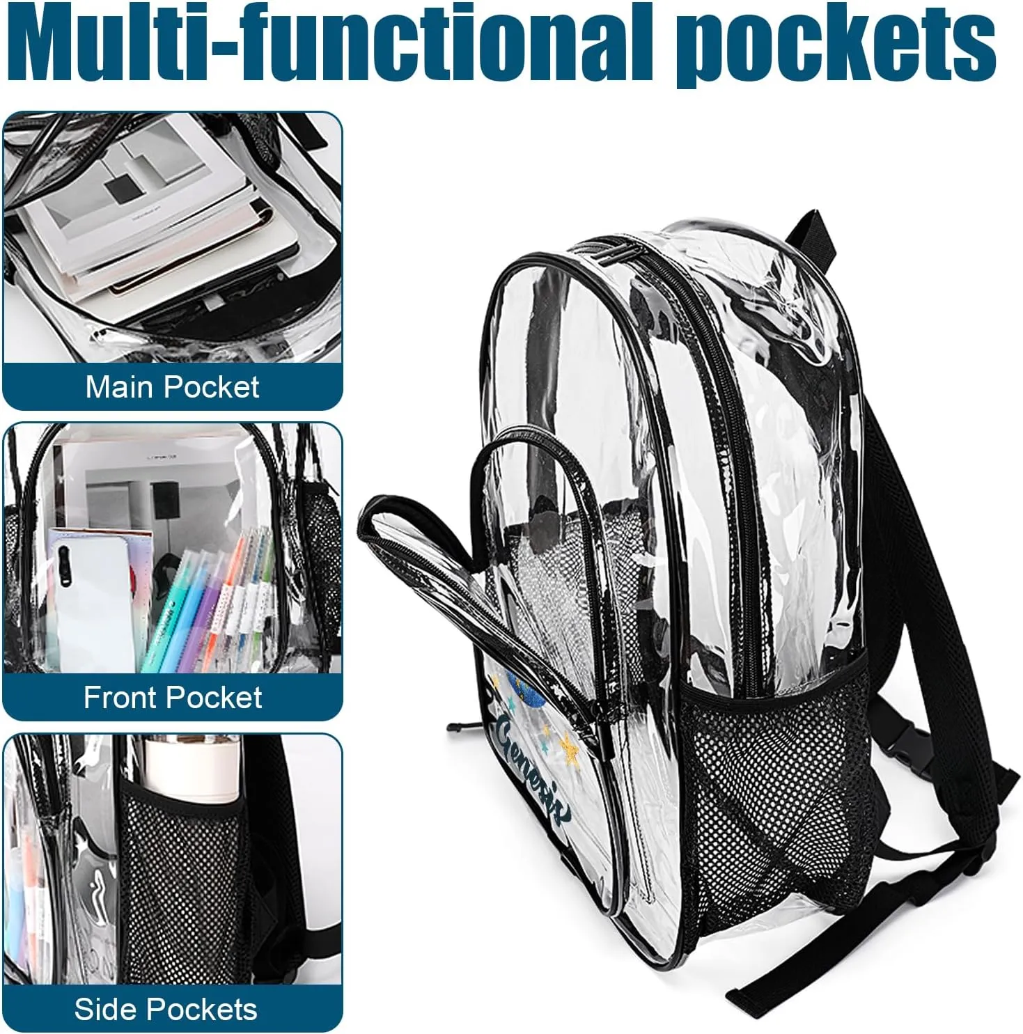 Hateno Personalized Clear School Backpack for Girls, Custom Moon Pattern Backpacks with Name, TPU Waterproof Transparent Backpack Suitable for Kids Boys, Best Back to School Gifts