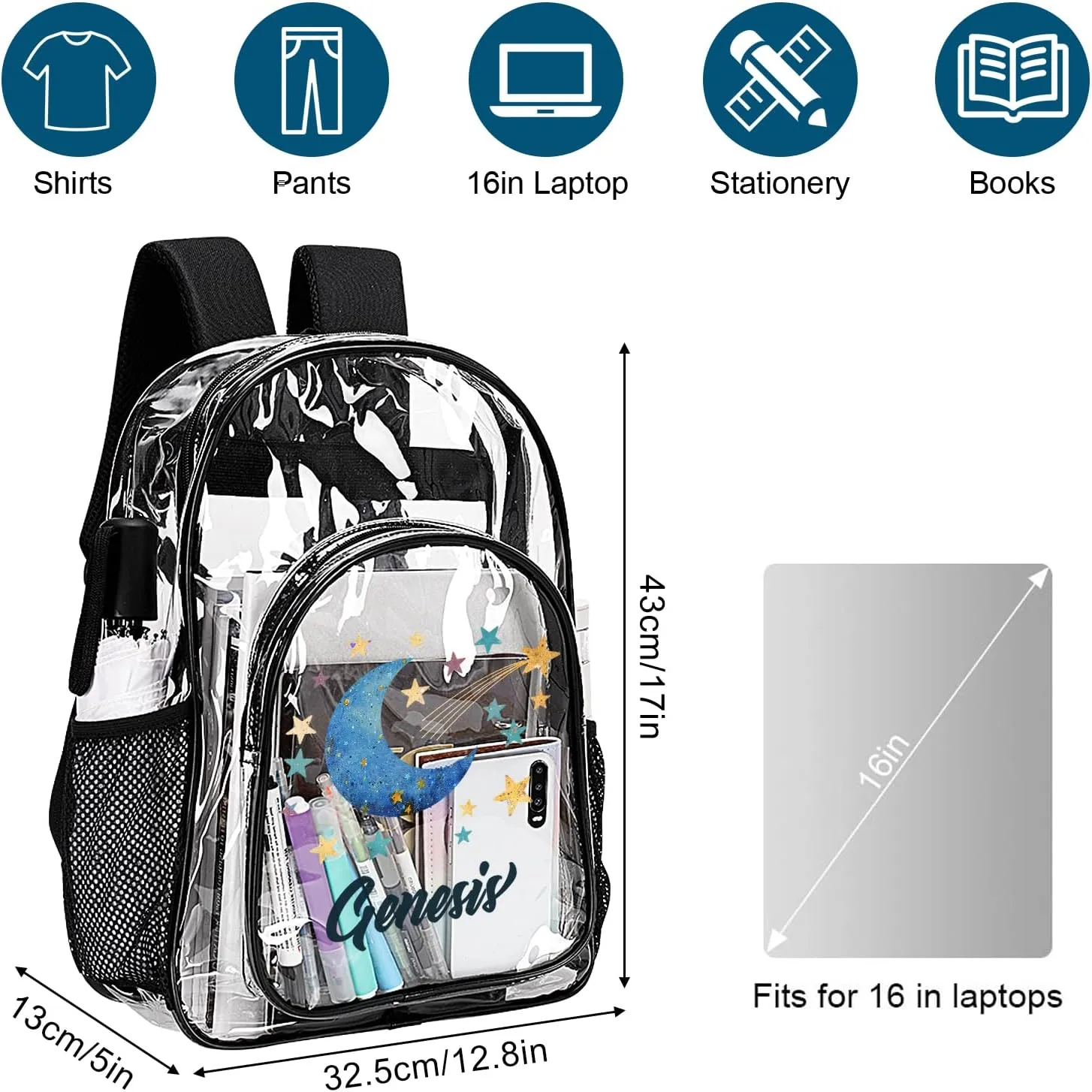 Hateno Personalized Clear School Backpack for Girls, Custom Moon Pattern Backpacks with Name, TPU Waterproof Transparent Backpack Suitable for Kids Boys, Best Back to School Gifts