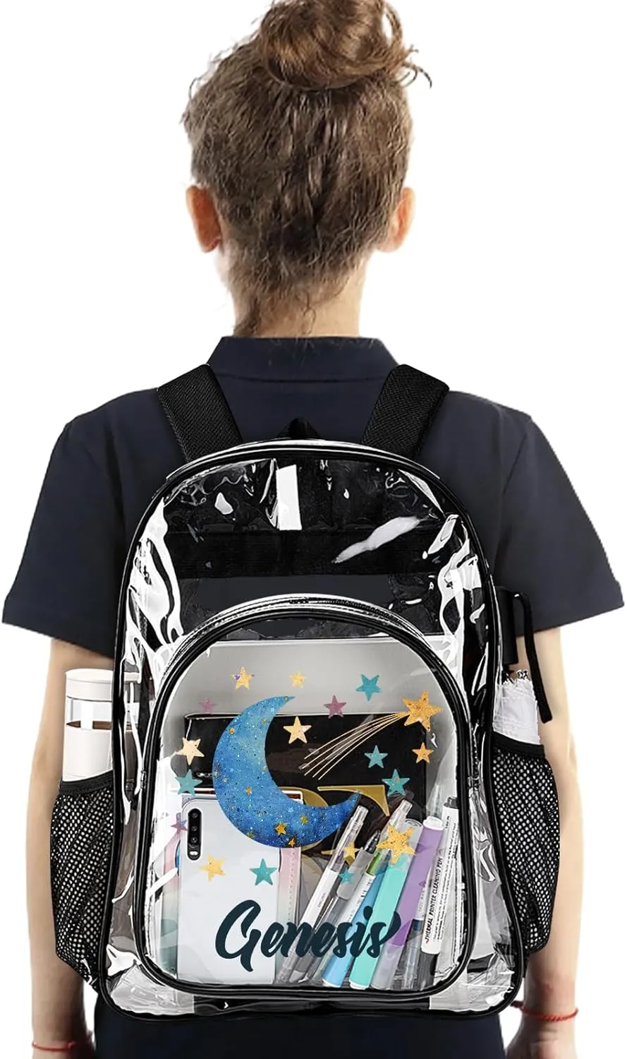 Hateno Personalized Clear School Backpack for Girls, Custom Moon Pattern Backpacks with Name, TPU Waterproof Transparent Backpack Suitable for Kids Boys, Best Back to School Gifts
