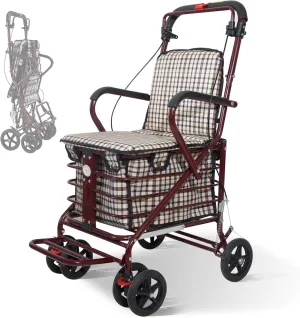 Heavy Duty Foldable Shopping Cart with Seat, Rollator Walkers for Seniors All-Terrain Wheels, Comfortable Thickened Cushion, Easy to Fold and Store, FitS 59-72 Inches, 185 lbs