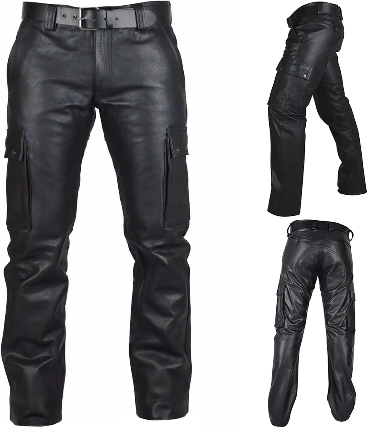 Heavy Duty Mens Leather Cargo Pants Multi Pocket Relaxed Fit Durable and Rugged Tactical Motorcycle Outdoor Trousers