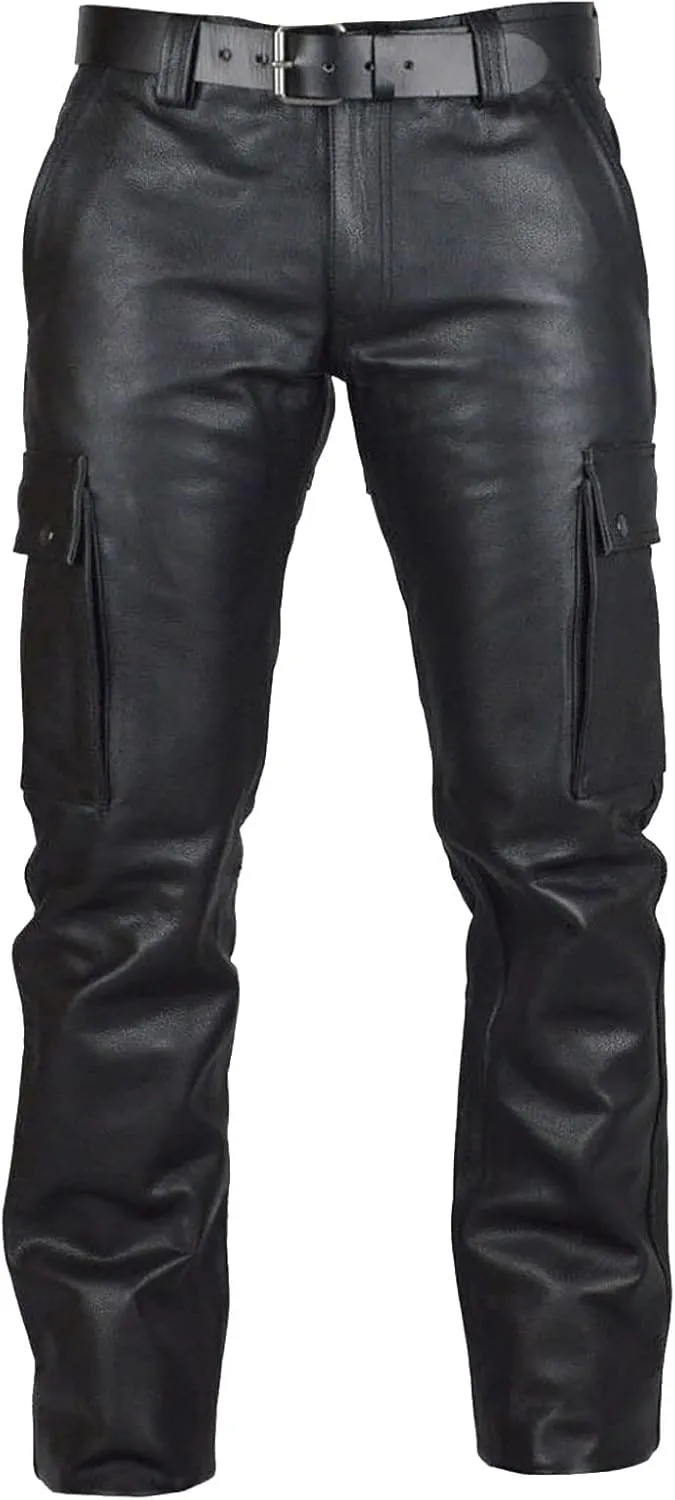 Heavy Duty Mens Leather Cargo Pants Multi Pocket Relaxed Fit Durable and Rugged Tactical Motorcycle Outdoor Trousers