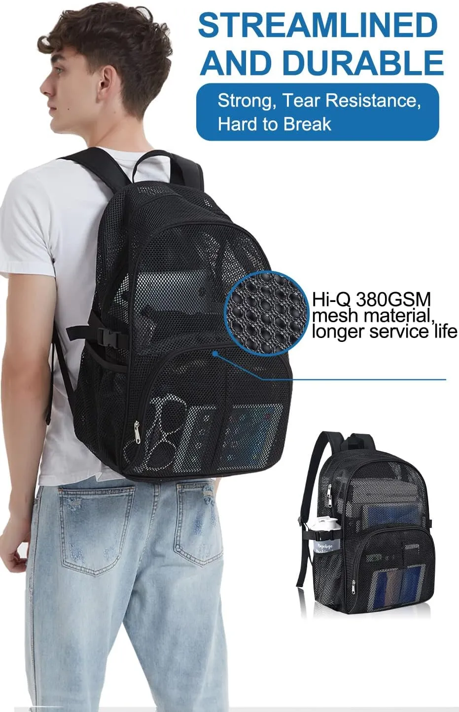 Heavy Duty Mesh Backpack for School, 22L Black Mesh School Bag with Laptop Compartment for Beach, Commuting, Swimming, Fitness, Sports (Black)
