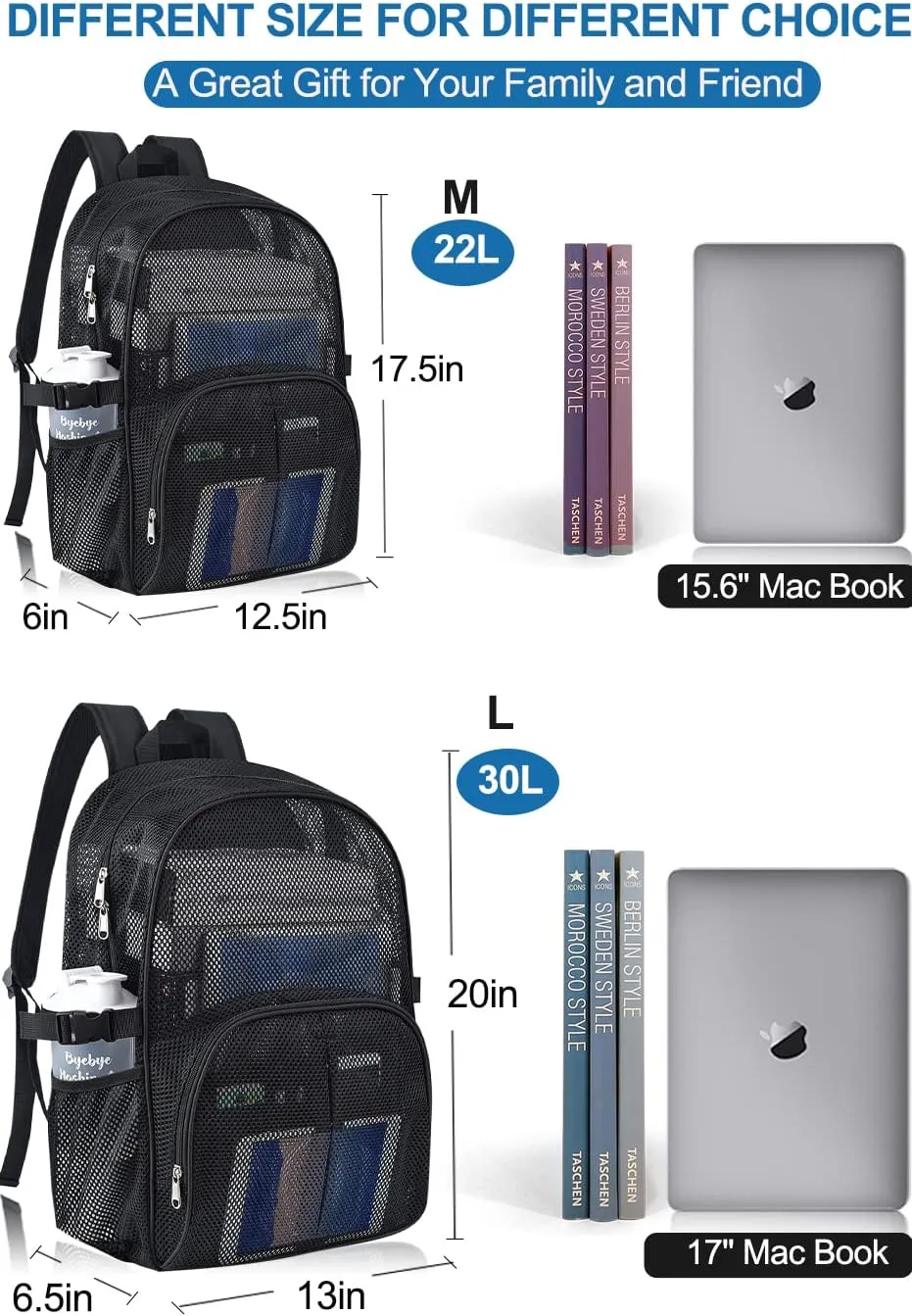 Heavy Duty Mesh Backpack for School, 22L Black Mesh School Bag with Laptop Compartment for Beach, Commuting, Swimming, Fitness, Sports (Black)