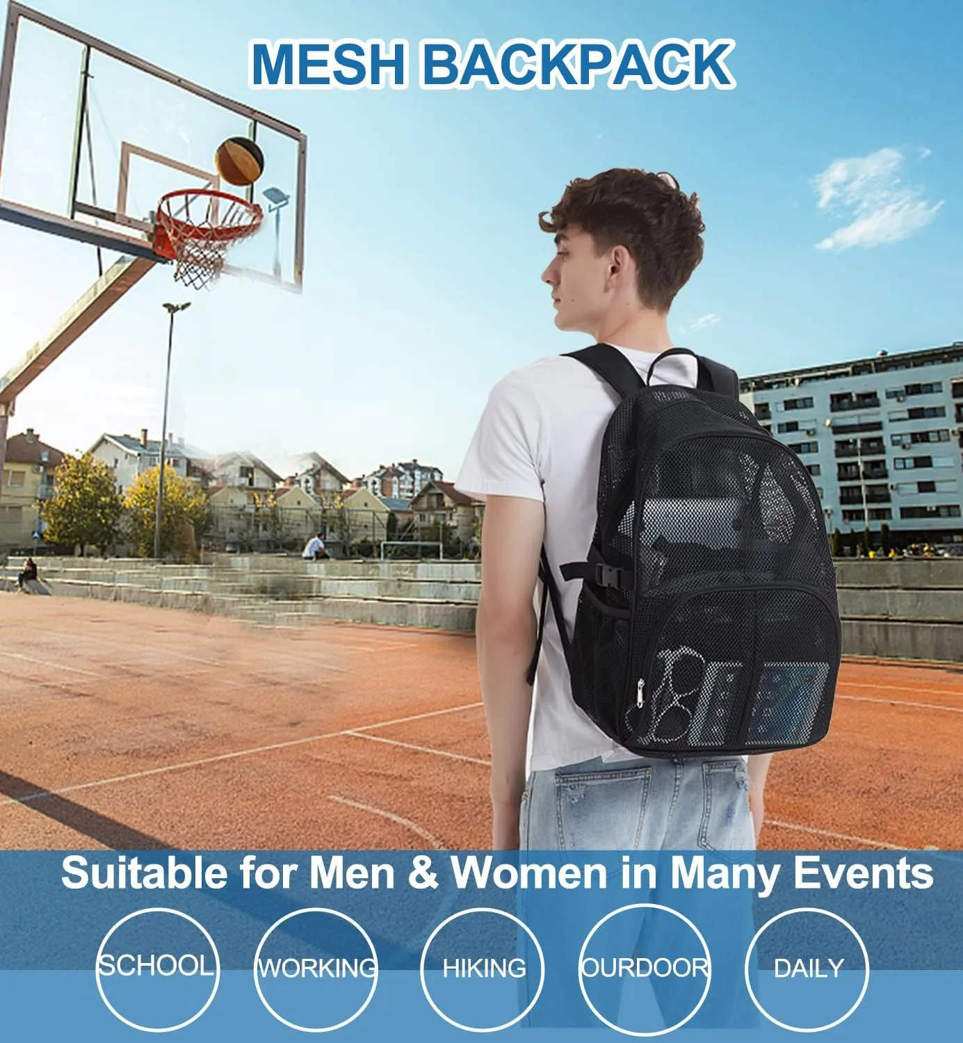 Heavy Duty Mesh Backpack for School, 22L Black Mesh School Bag with Laptop Compartment for Beach, Commuting, Swimming, Fitness, Sports (Black)