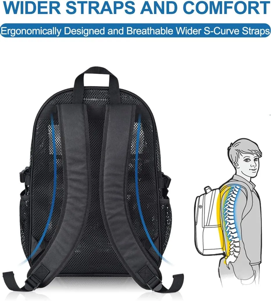 Heavy Duty Mesh Backpack for School, 22L Black Mesh School Bag with Laptop Compartment for Beach, Commuting, Swimming, Fitness, Sports (Black)