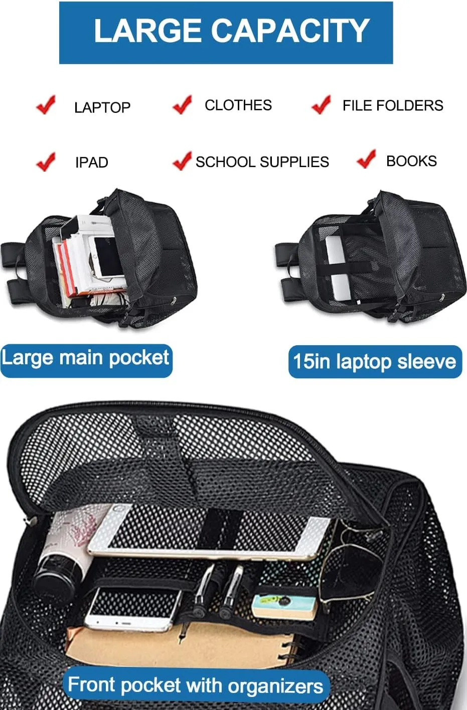 Heavy Duty Mesh Backpack for School, 22L Black Mesh School Bag with Laptop Compartment for Beach, Commuting, Swimming, Fitness, Sports (Black)