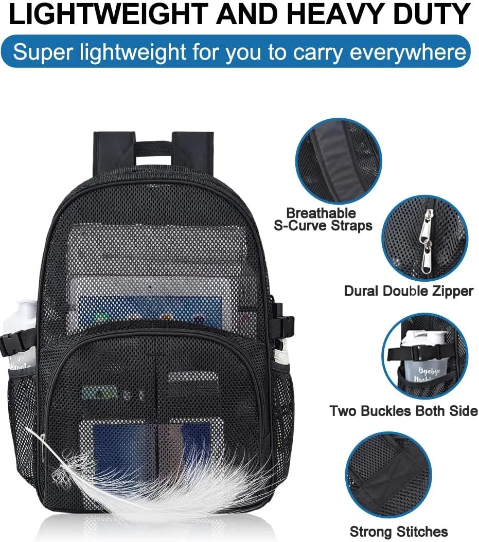 Heavy Duty Mesh Backpack for School, 22L Black Mesh School Bag with Laptop Compartment for Beach, Commuting, Swimming, Fitness, Sports (Black)
