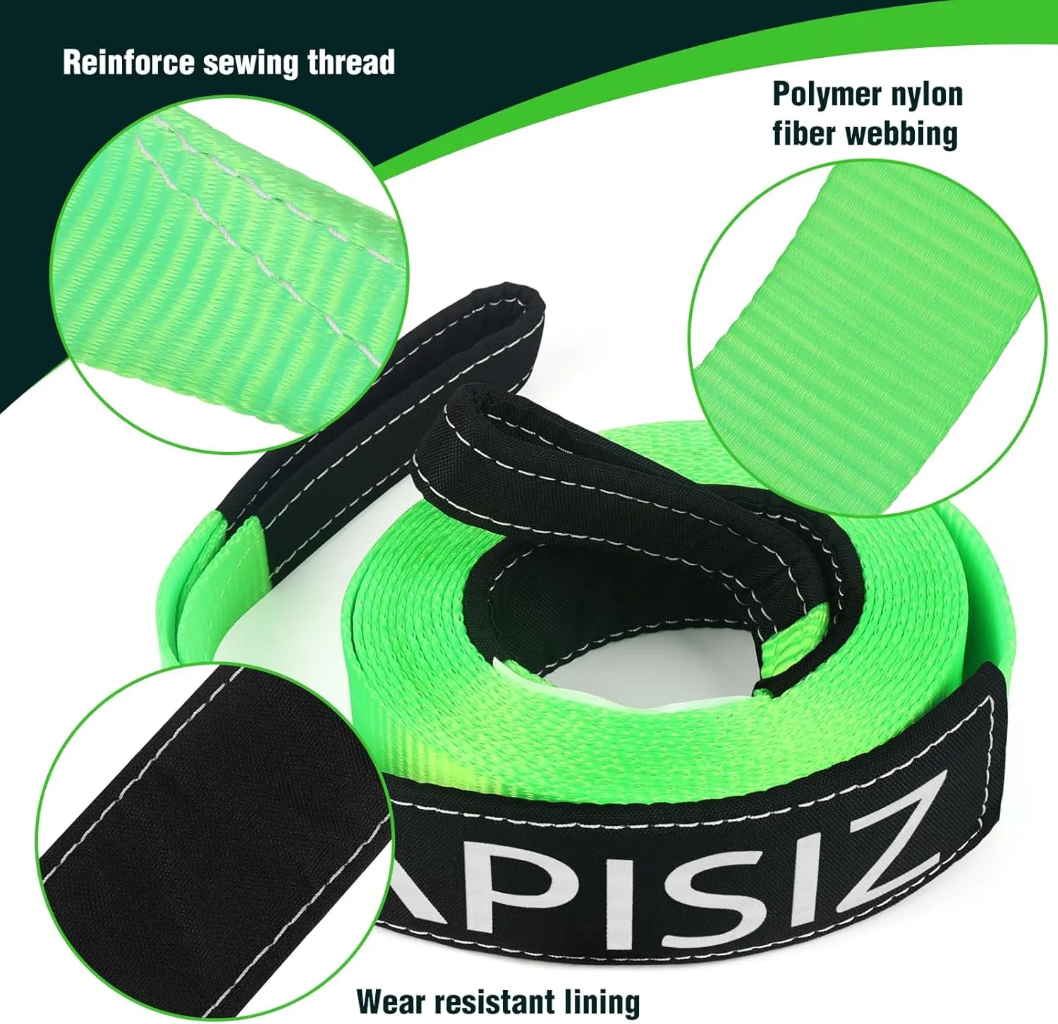 Heavy Duty Tow Strap 21,000 lbs – 2" x 20' Green Recovery Strap with Hook-and-Loop Strip Design for Easy Storage and Carry Bag 1 pcs