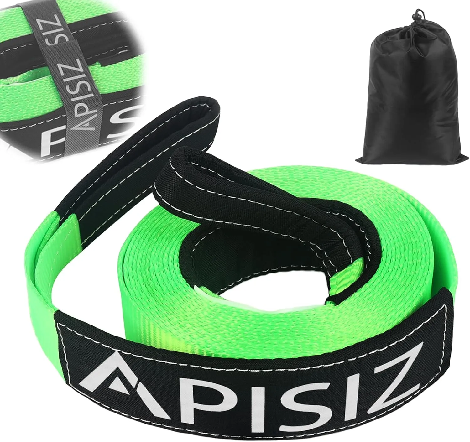 Heavy Duty Tow Strap 21,000 lbs – 2" x 20' Green Recovery Strap with Hook-and-Loop Strip Design for Easy Storage and Carry Bag 1 pcs