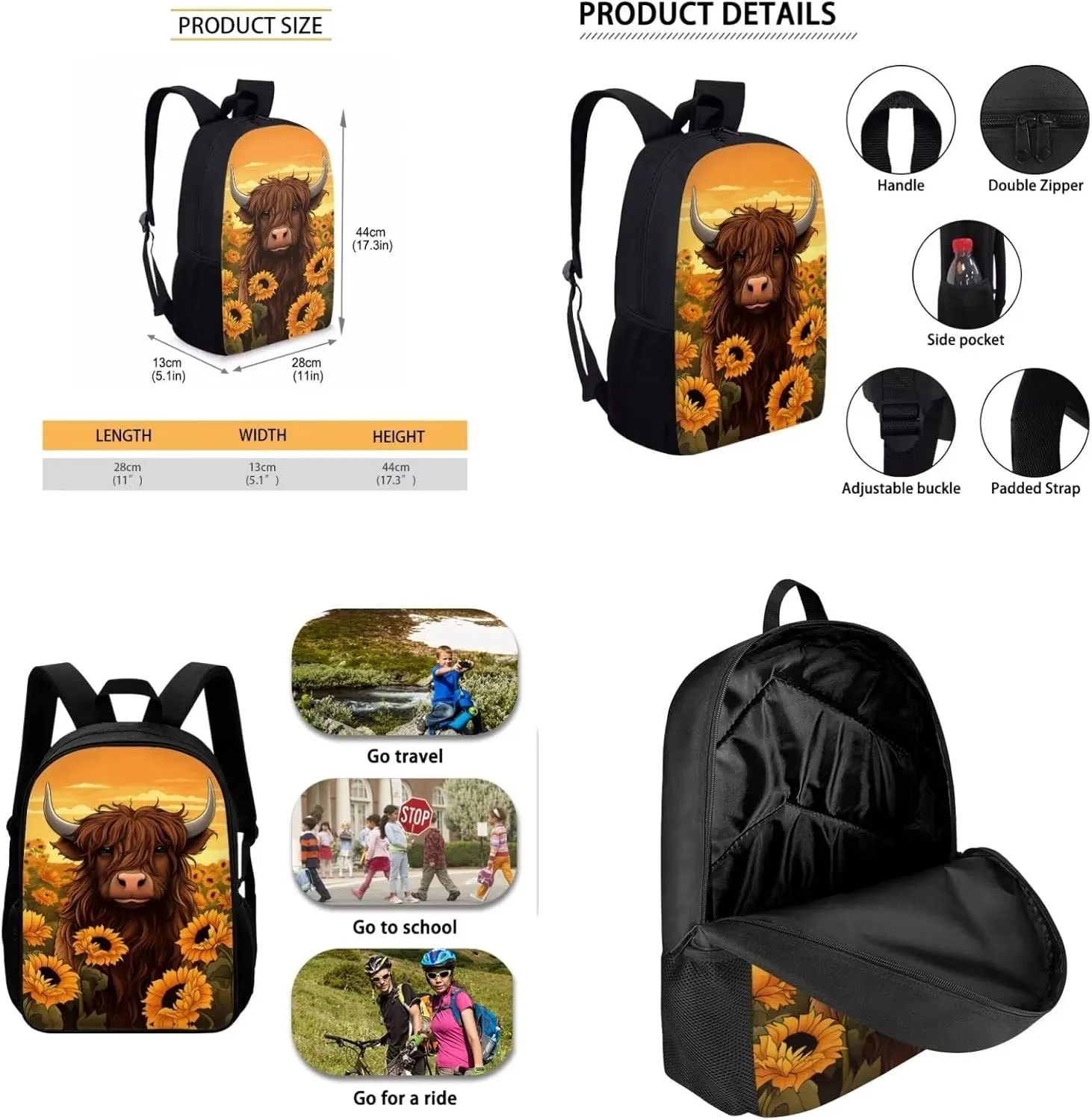 Highland Cattle Backpack and Lunch Box Set for Girls Sunflower School Bag 17 inch Bookbag for 2Nd/3Rd/4Th/5Th Grade Kids School Back Pack Lunchbox Pencil Case