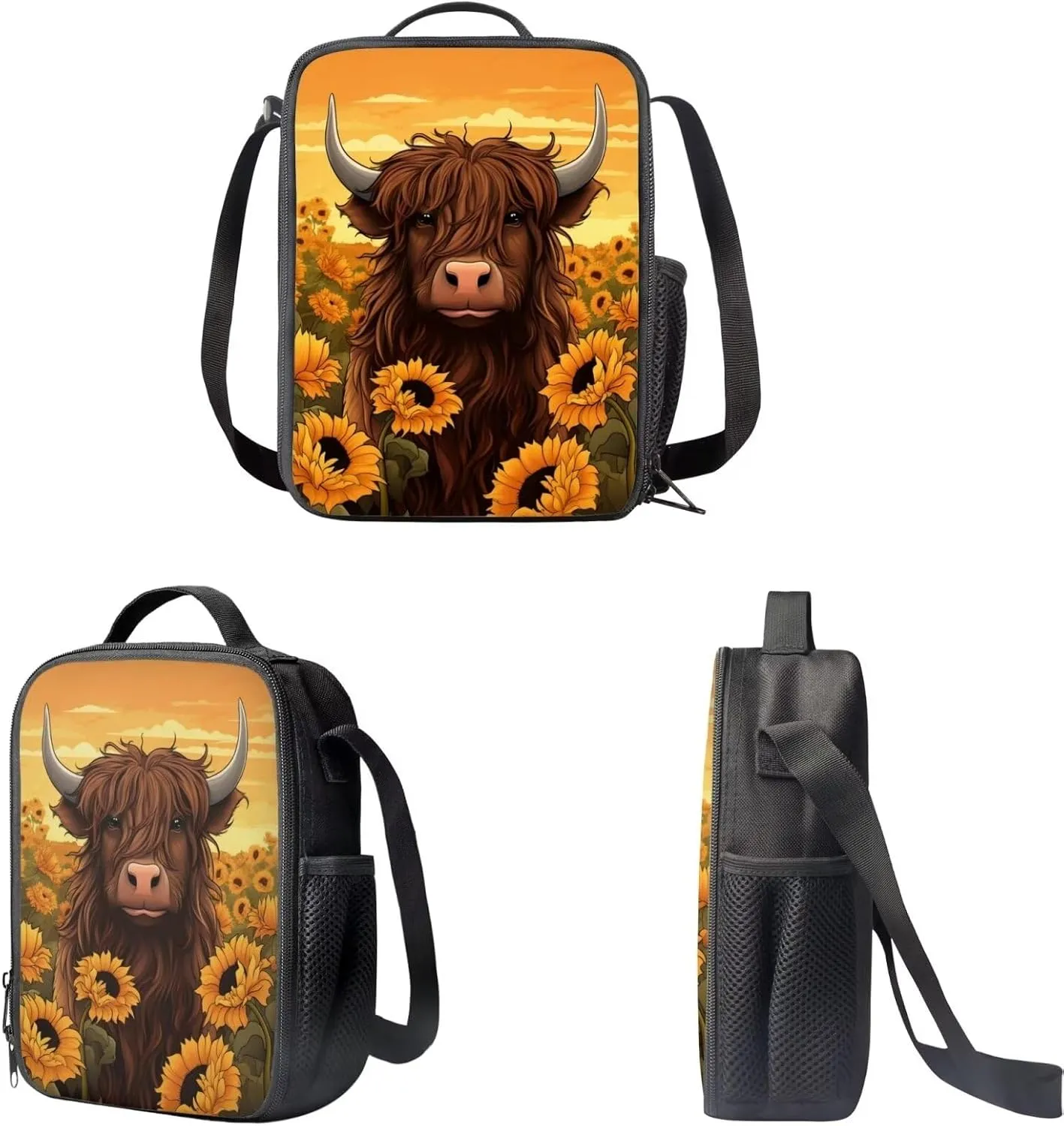 Highland Cattle Backpack and Lunch Box Set for Girls Sunflower School Bag 17 inch Bookbag for 2Nd/3Rd/4Th/5Th Grade Kids School Back Pack Lunchbox Pencil Case