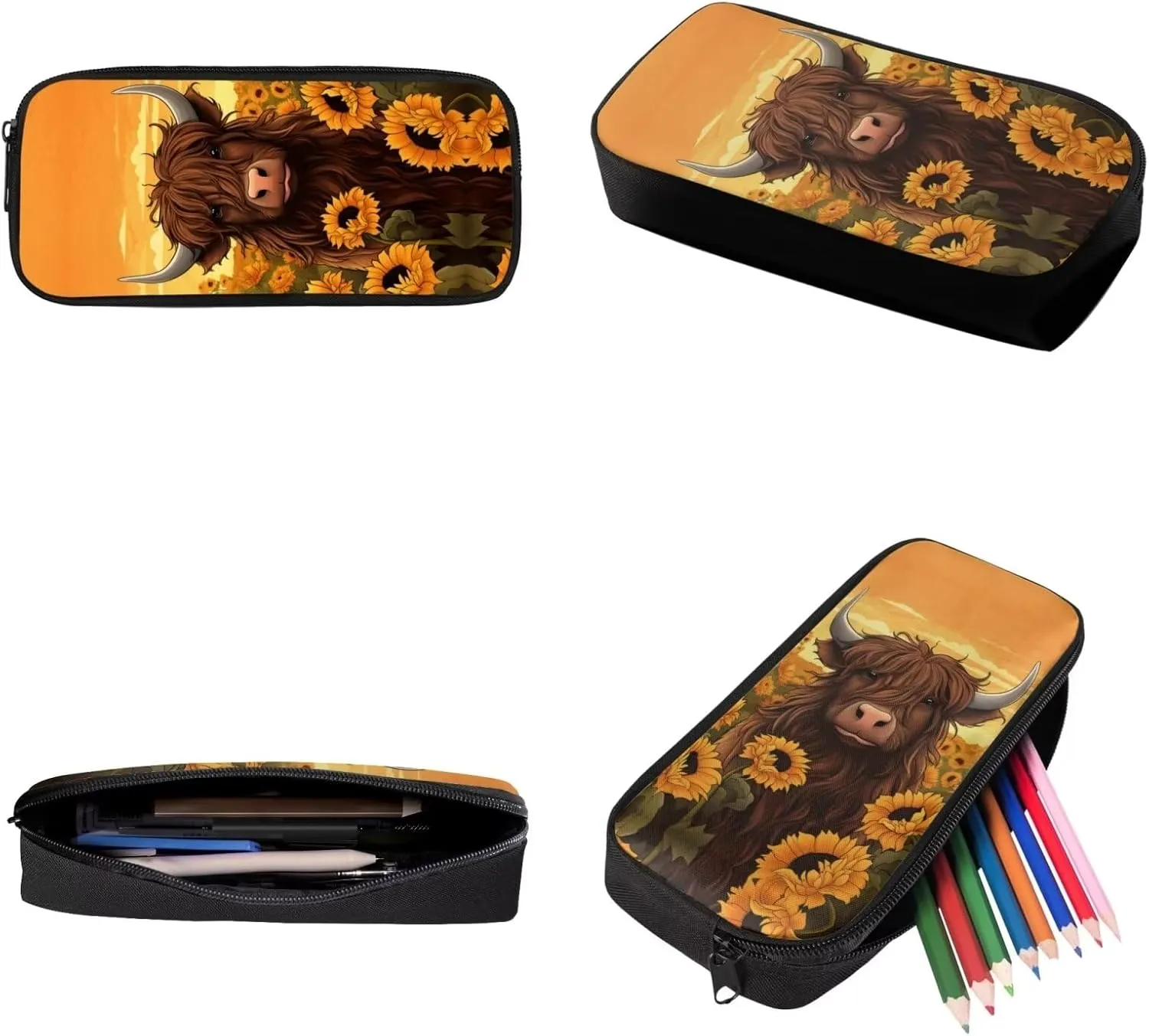 Highland Cattle Backpack and Lunch Box Set for Girls Sunflower School Bag 17 inch Bookbag for 2Nd/3Rd/4Th/5Th Grade Kids School Back Pack Lunchbox Pencil Case