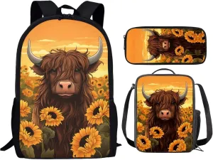 Highland Cattle Backpack and Lunch Box Set for Girls Sunflower School Bag 17 inch Bookbag for 2Nd/3Rd/4Th/5Th Grade Kids School Back Pack Lunchbox Pencil Case