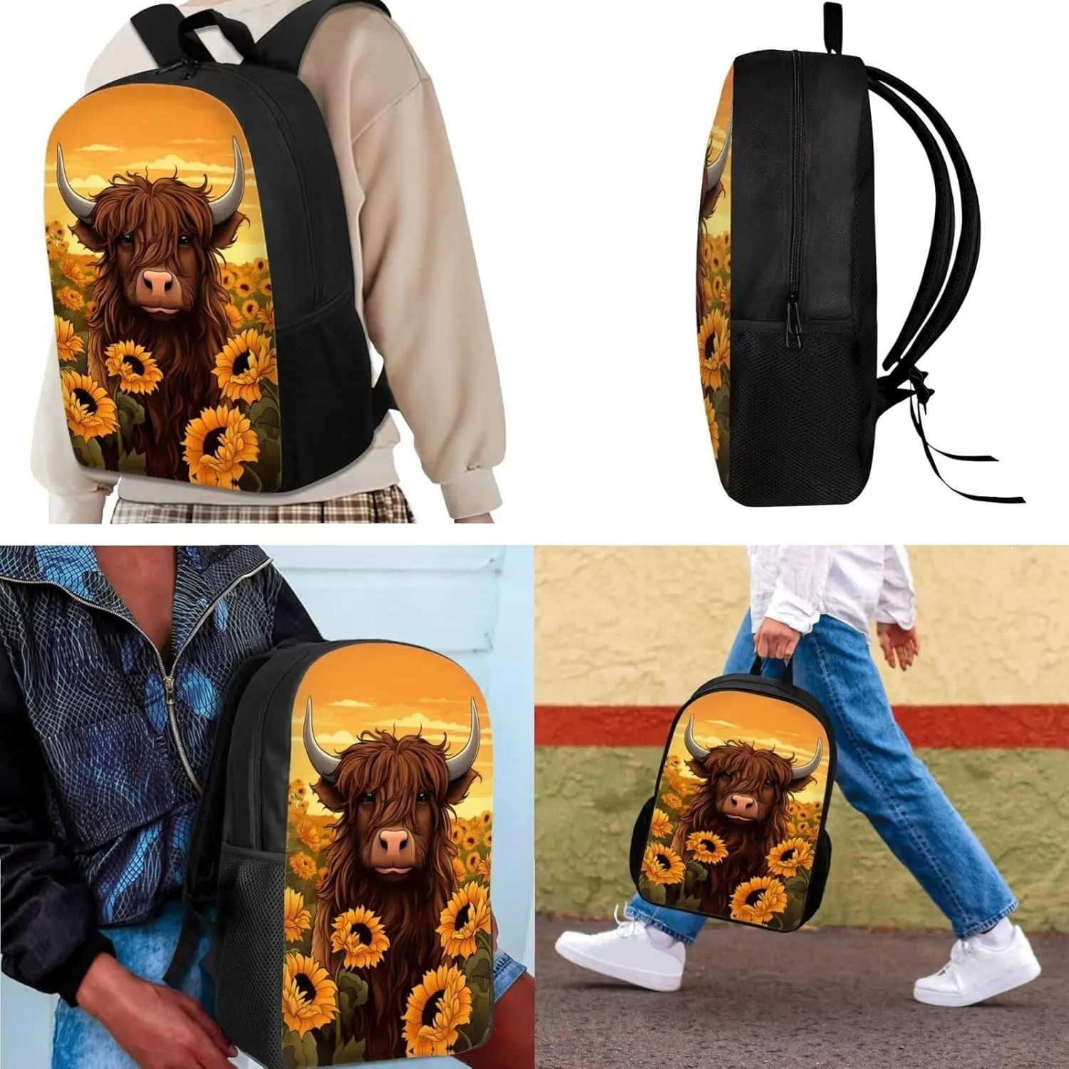 Highland Cattle Backpack and Lunch Box Set for Girls Sunflower School Bag 17 inch Bookbag for 2Nd/3Rd/4Th/5Th Grade Kids School Back Pack Lunchbox Pencil Case