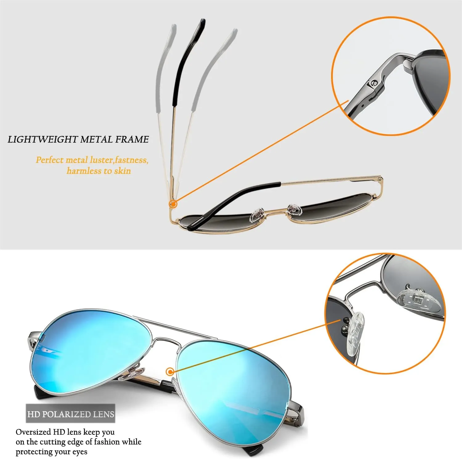 HJSTES Polarized Aviator Sunglasses for Women Men Classic Metal Shades Mirror Lens 100% UV Blocking, 58mm