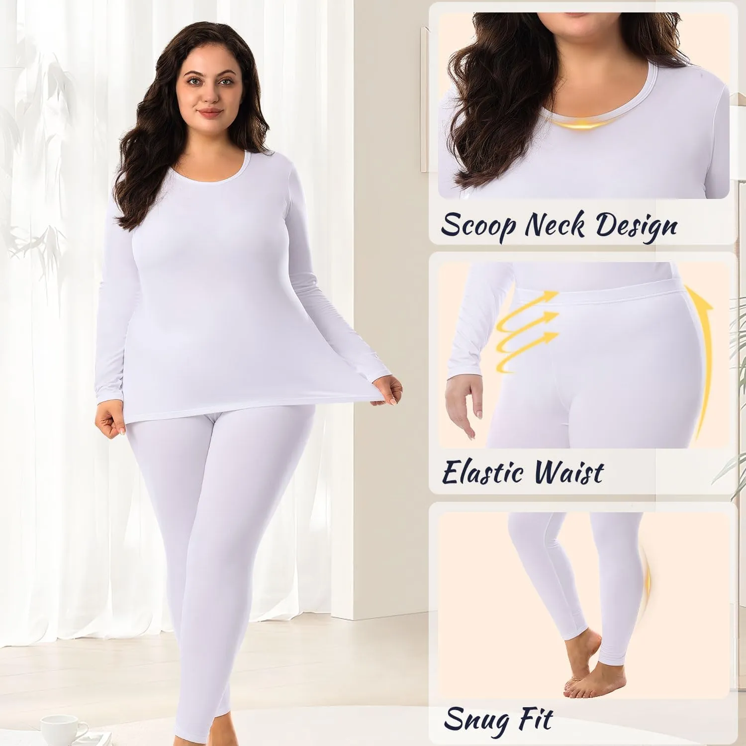 HOdo Plus Size Thermal Underwear Women Long Johns Fleece Lined Base Layer Top and Bottom Sets 1X-5X