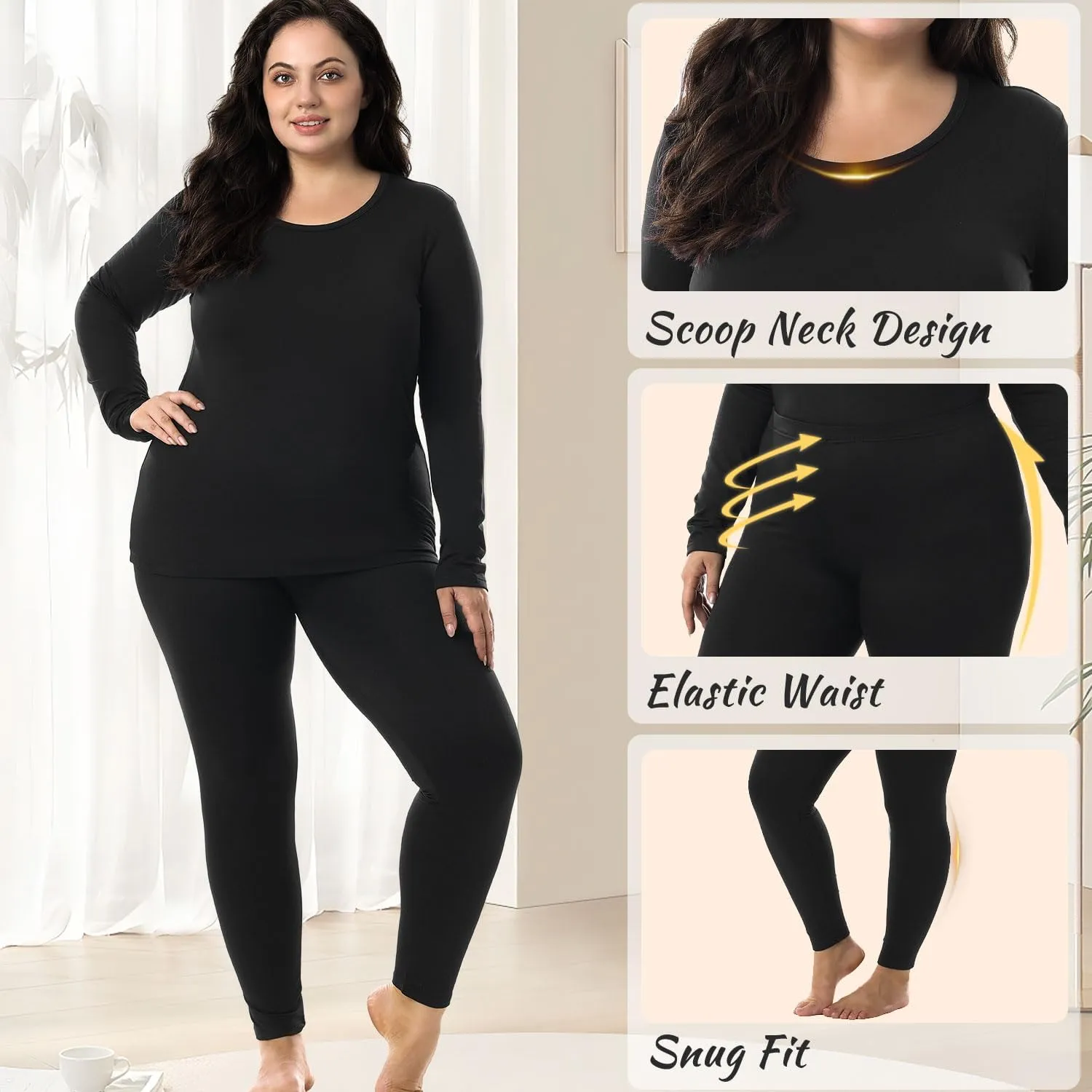 HOdo Plus Size Thermal Underwear Women Long Johns Fleece Lined Base Layer Top and Bottom Sets 1X-5X
