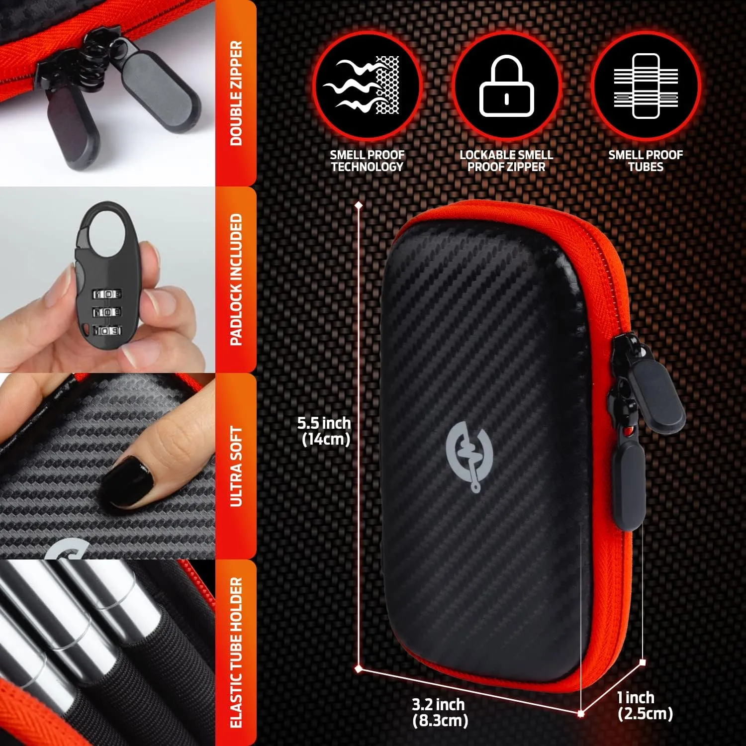 Holder Case Smell Proof with 4 King Size Metal Tubes, Odor Proof Pouch with Pre Roll Tube, Cigarette Container With Lock, Triple Odor-Blocking System, Child-Proof Double Zipper (4 tubes - king Size)