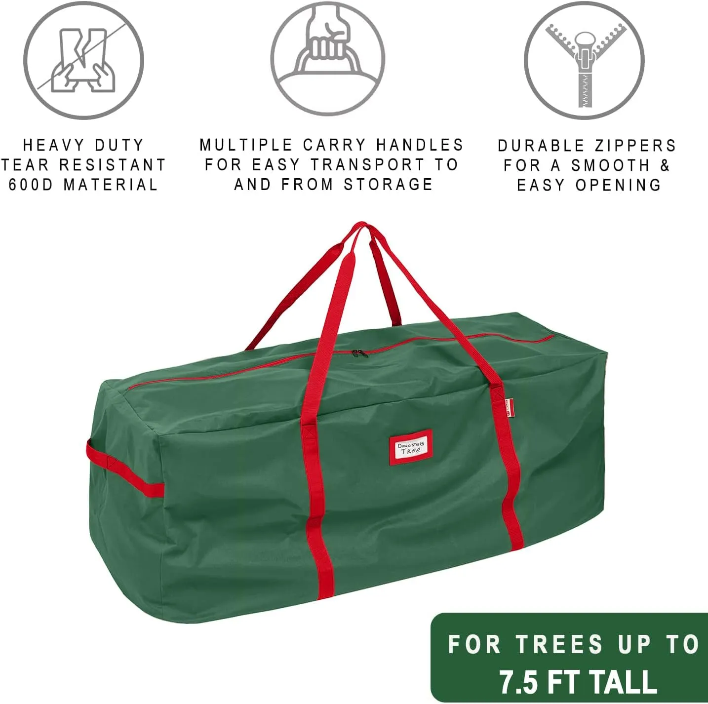 HOLDN’ STORAGE Christmas Tree Bag Heavy Duty 600D Oxford - Christmas Tree Bags Storage Fits Up To 7.5Ft, Extra Wide, Waterproof Storage Bags with Reinforced Handles & Zipper - Green