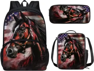 Horse Backpack for Girls School Bag Set for Kids with Lunch Bag and Pencil Case Primary School Bookbag Elementary Students Daypack Knapsack for Teens 3PCS Bookbag Set for Elementary