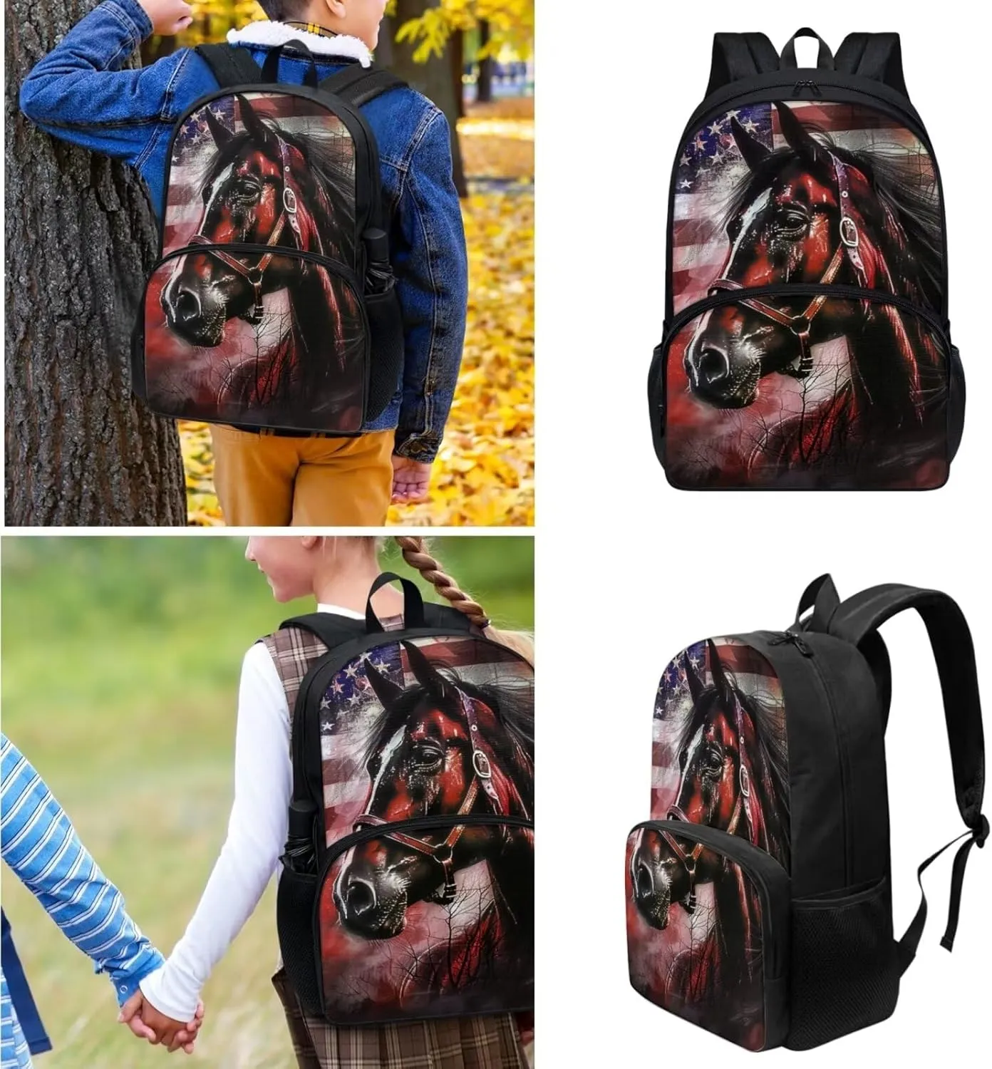 Horse Backpack for Girls School Bag Set for Kids with Lunch Bag and Pencil Case Primary School Bookbag Elementary Students Daypack Knapsack for Teens 3PCS Bookbag Set for Elementary