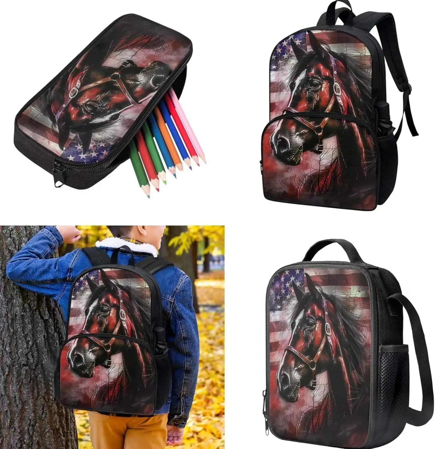 Horse Backpack for Girls School Bag Set for Kids with Lunch Bag and Pencil Case Primary School Bookbag Elementary Students Daypack Knapsack for Teens 3PCS Bookbag Set for Elementary